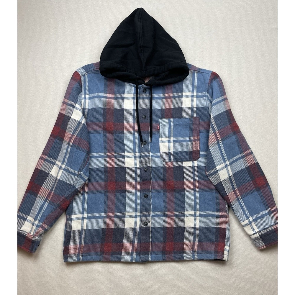 Levi's Men's Hooded Flannel Shirt Jacket Large Blue Red White Plaid Button Up‎